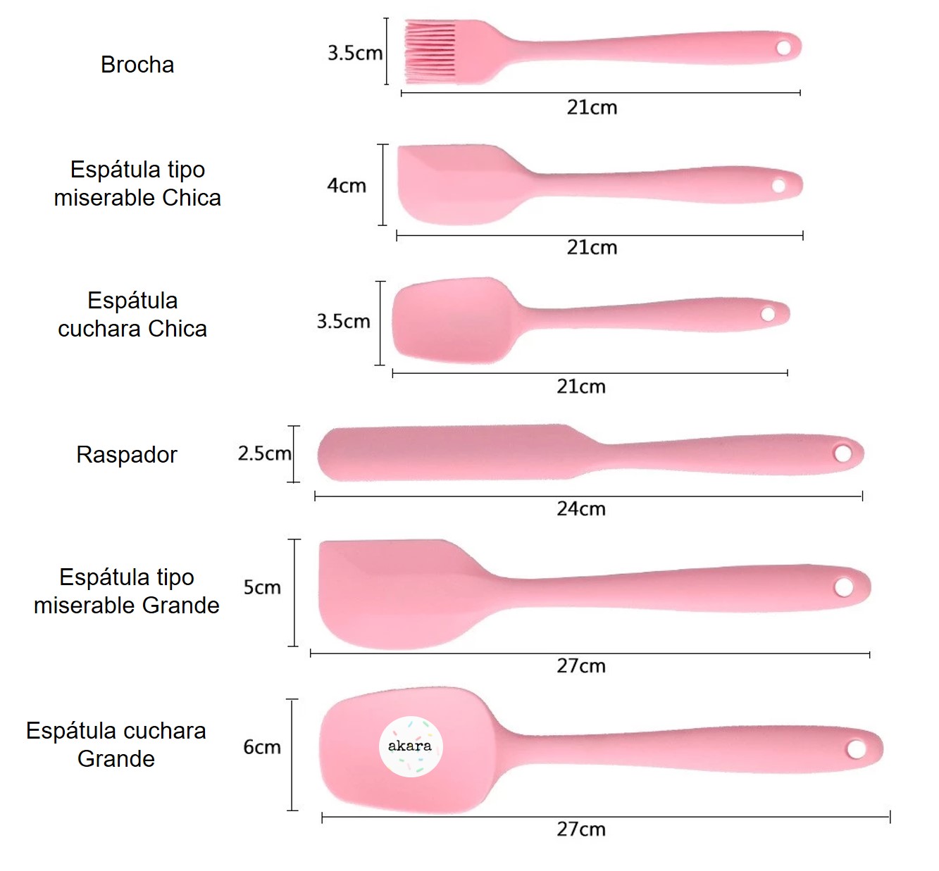 Juego 6 Utensilios de Cocina, espátulas miserables, cucharas y brocha de silicón, Rosa