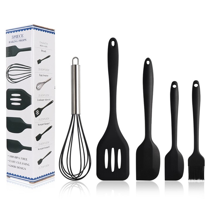 Juego 5 Utensilios de Silicón para Repostería y Cocina, espátulas tipo miserable, batidor de globo y brocha, Negro