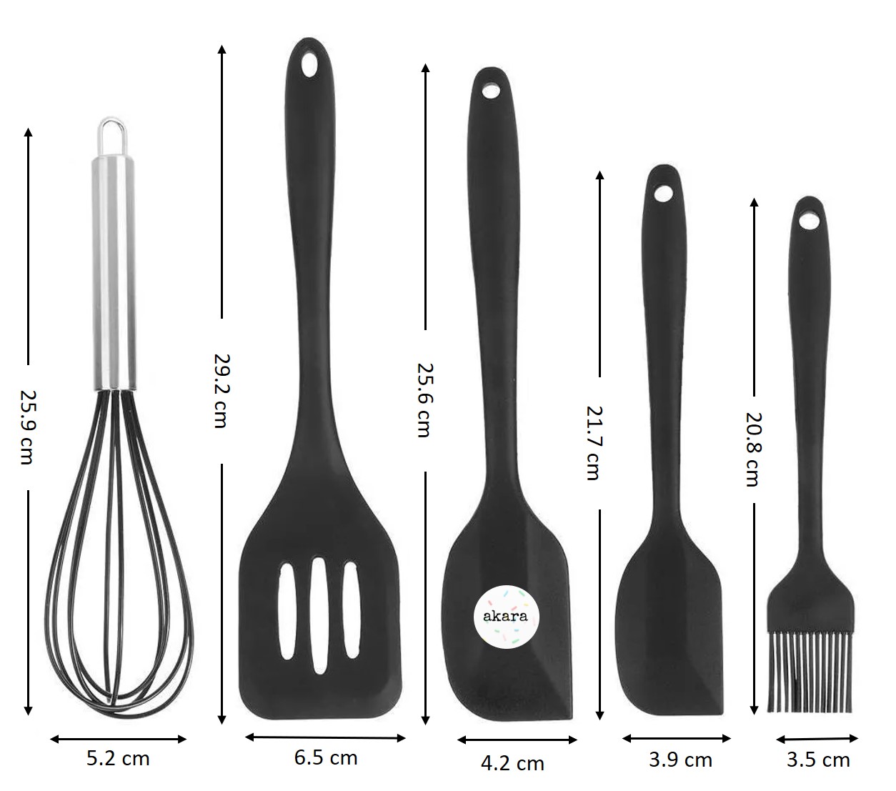 Juego 5 Utensilios de Silicón para Repostería y Cocina, espátulas tipo miserable, batidor de globo y brocha, Negro