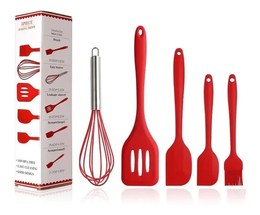 Juego 5 Utensilios de Silicón para Repostería y Cocina, espátulas tipo miserable, batidor de globo y brocha, Rojo