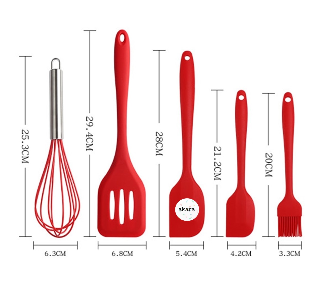 Juego 5 Utensilios de Silicón para Repostería y Cocina, espátulas tipo miserable, batidor de globo y brocha, Rojo