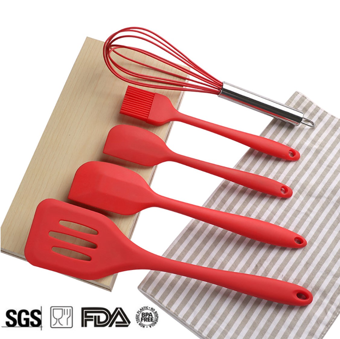 Juego 5 Utensilios de Silicón para Repostería y Cocina, espátulas tipo miserable, batidor de globo y brocha, Rojo