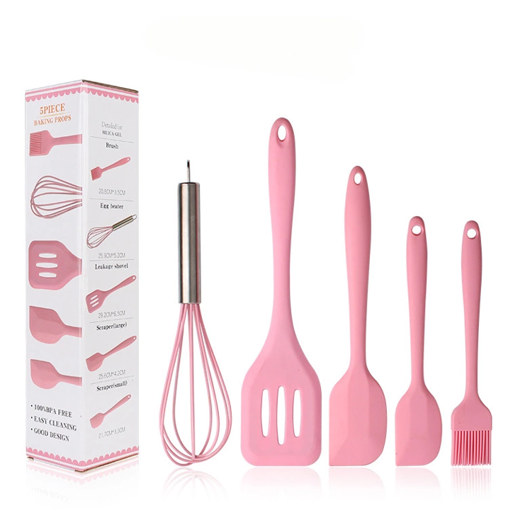 Juego 5 Utensilios de Silicón para Repostería y Cocina, espátulas tipo miserable, batidor de globo y brocha, Rosa