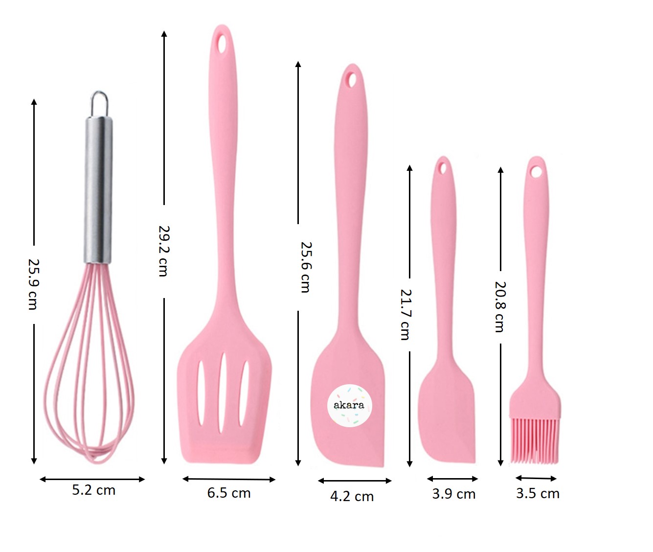 Juego 5 Utensilios de Silicón para Repostería y Cocina, espátulas tipo miserable, batidor de globo y brocha, Rosa