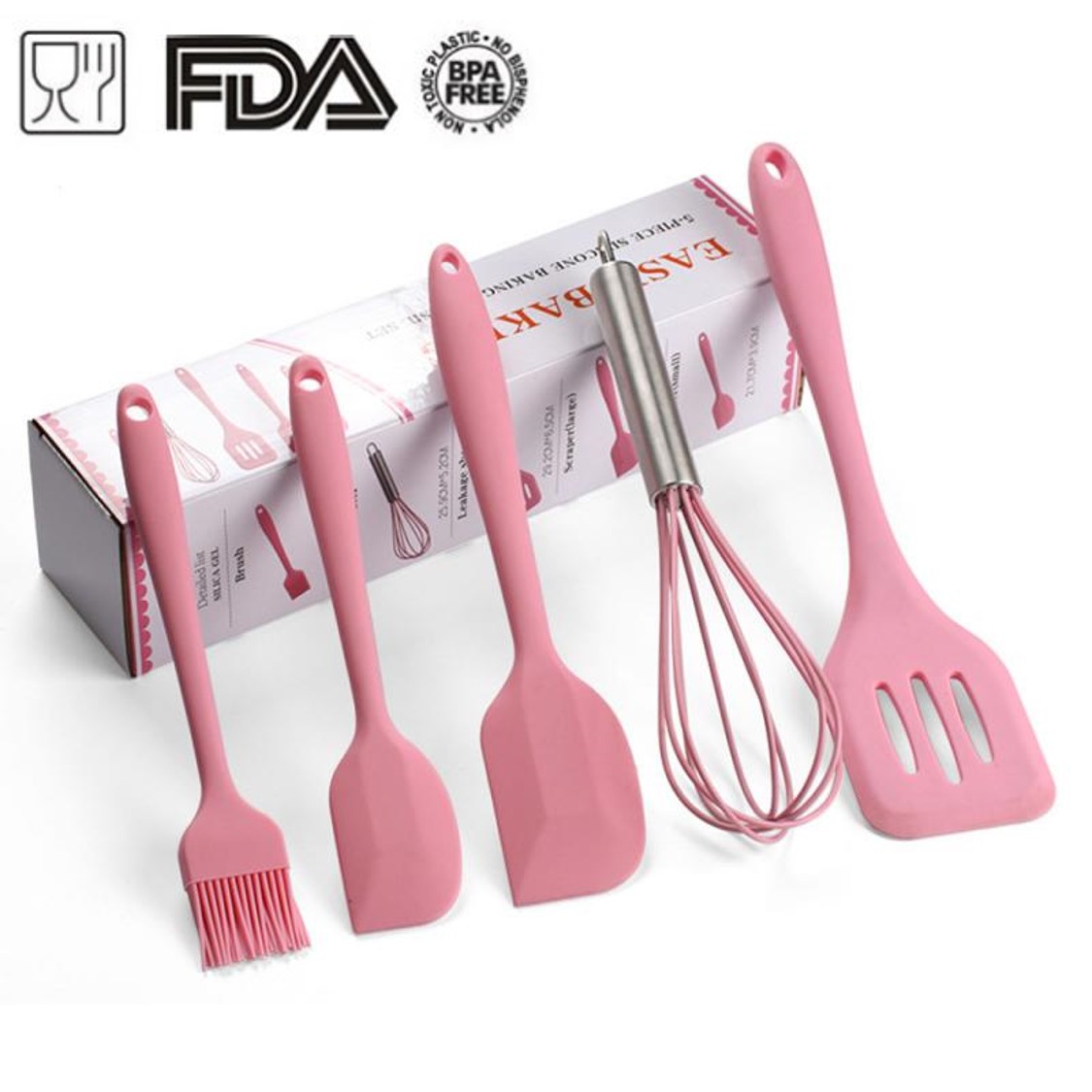Juego 5 Utensilios de Silicón para Repostería y Cocina, espátulas tipo miserable, batidor de globo y brocha, Rosa