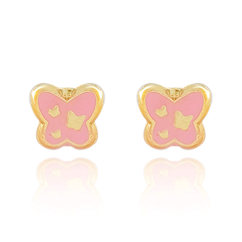 Hermoso Arete Broquel Oro 18k Laminado #317 Mariposa Rosa Con Detalles Amarillos, Medidas Largo 1cm,. Diametro 0.5cm.