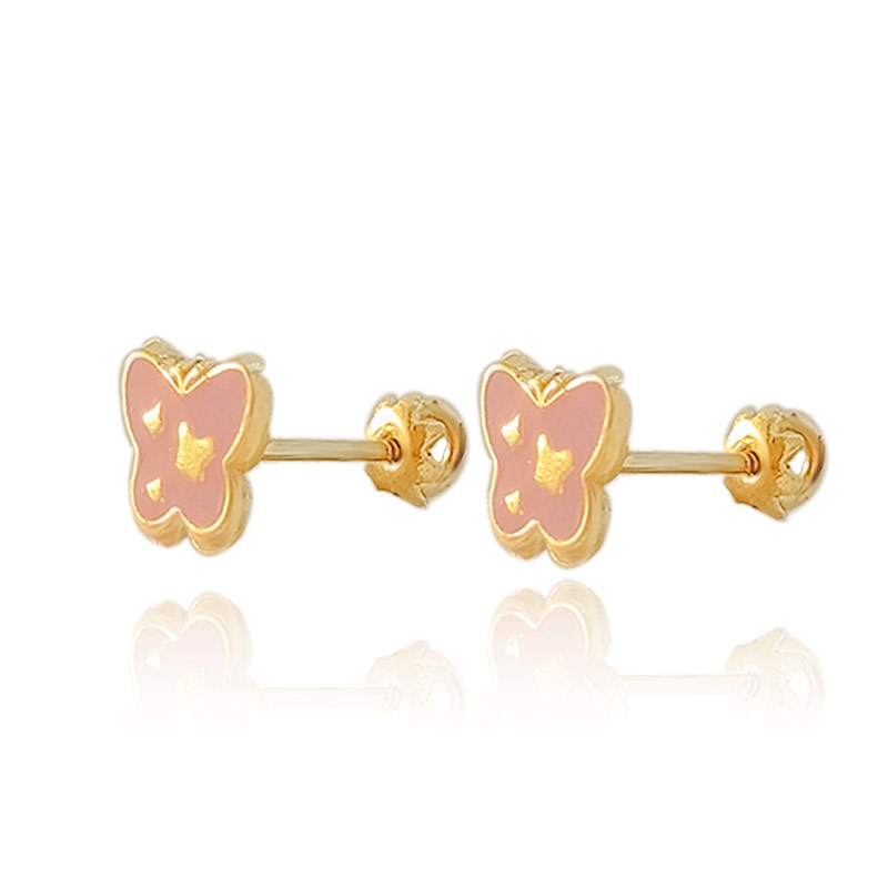 Hermoso Arete Broquel Oro 18k Laminado #317 Mariposa Rosa Con Detalles Amarillos, Medidas Largo 1cm,. Diametro 0.5cm.