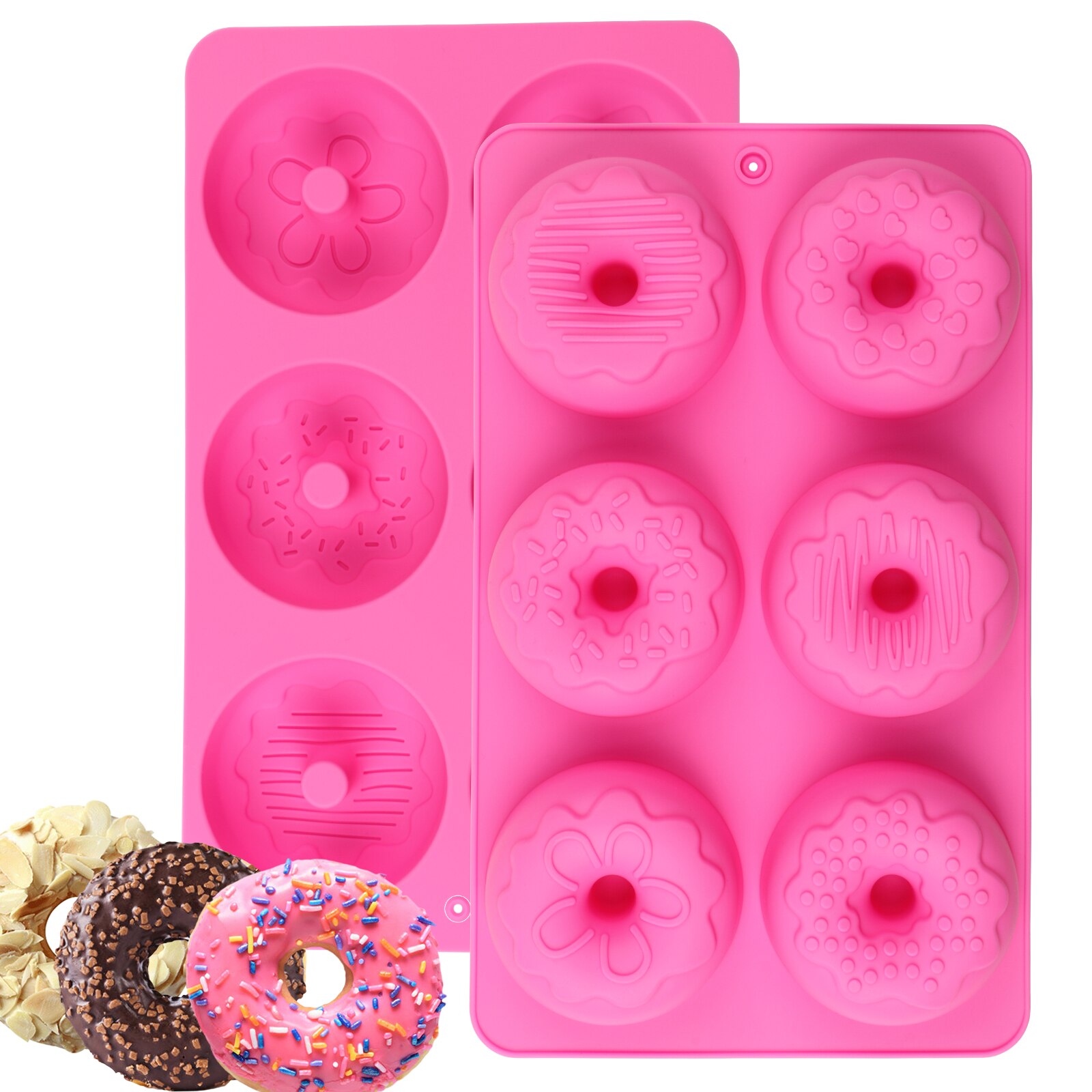 Molde de Silicón para Hornear 6 Donas con Relieve, Rosa