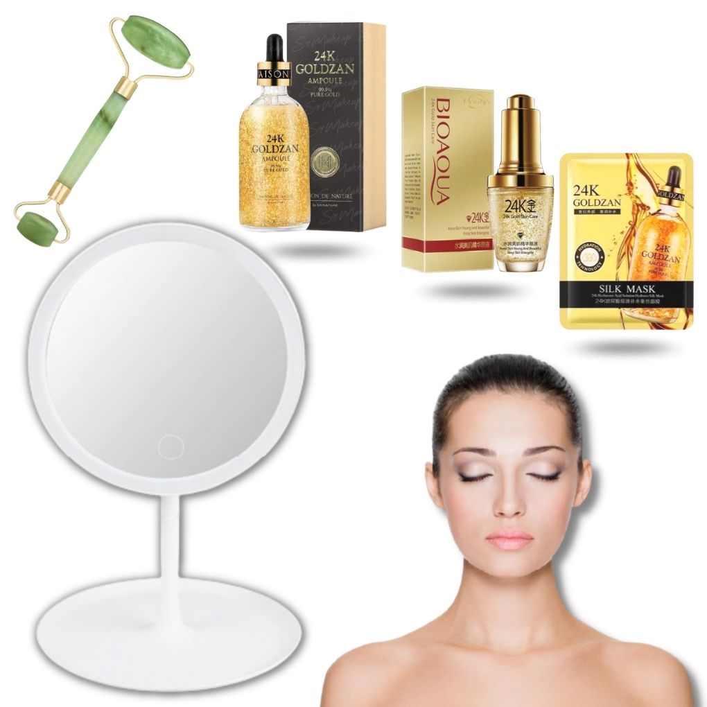 Suero Goldzan 24K + Acido Bioaqua + Espejo de Maquillaje LED + Regalo Rodillo de Jade.
