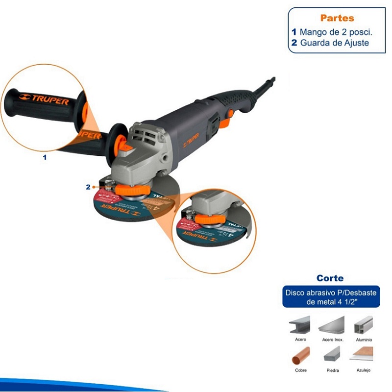 ESMERILADORA ANGULAR DE 4 1/2 CALIDAD INDUSTRIAL USO RUDO Y CONTINUO DE 950W TRUPER ESMA-4590N CORTAR DESBASTAR CORTADORA PULIDORA