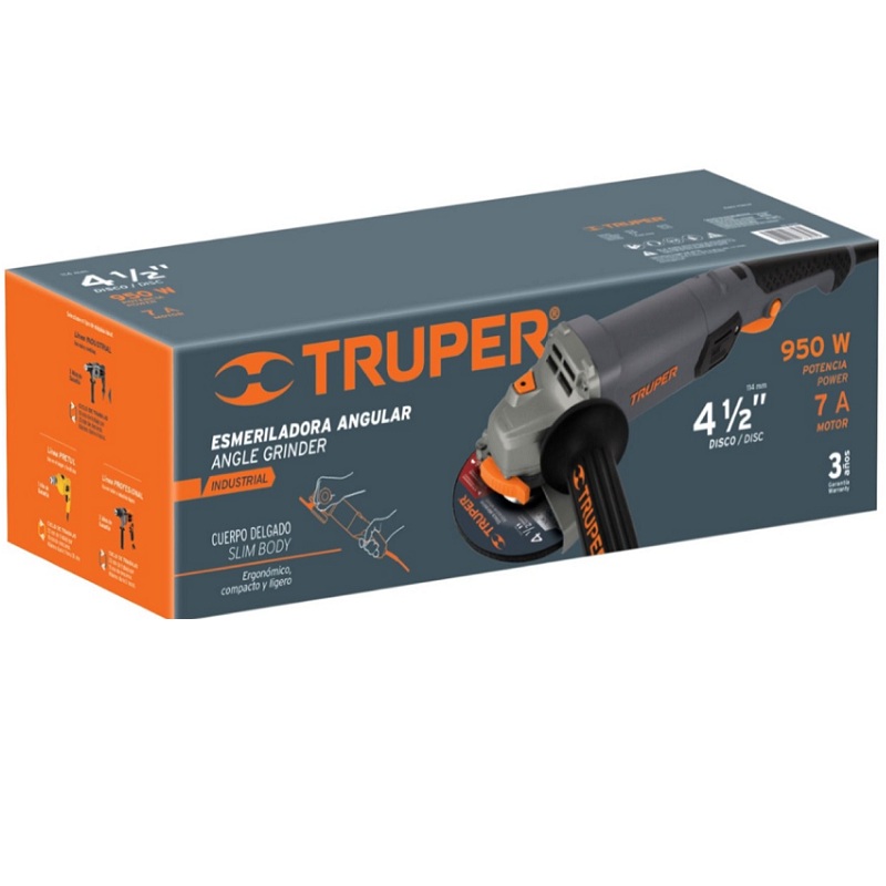 ESMERILADORA ANGULAR DE 4 1/2 CALIDAD INDUSTRIAL USO RUDO Y CONTINUO DE 950W TRUPER ESMA-4590N CORTAR DESBASTAR CORTADORA PULIDORA