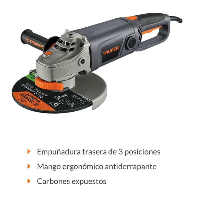 Esmeriladora Angular de 9" Industrial Uso Rudo y Continuo de 2,100W ESMA-9N3 Truper Cortar Desbastar Cortadora Pulidora