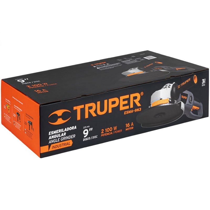 Esmeriladora Angular de 9" Industrial Uso Rudo y Continuo de 2,100W ESMA-9N3 Truper Cortar Desbastar Cortadora Pulidora