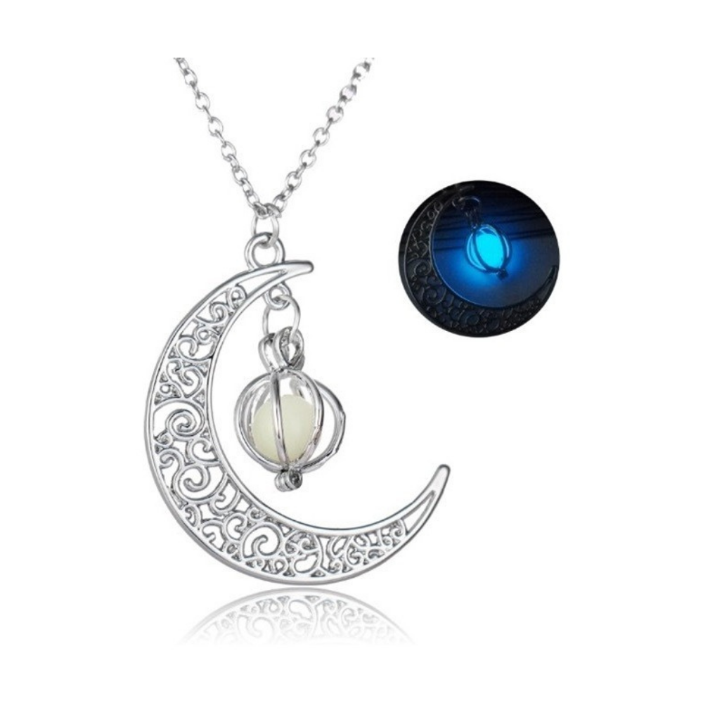 Collar Para Dama Media Luna Brilla Oscuridad Luminiscente Metalico Excelente Regalo