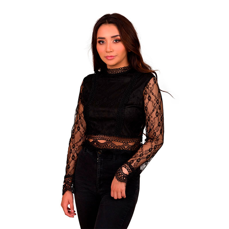 Blusa Moda Manga Larga Corta De Encaje Con Forro V-jh8884