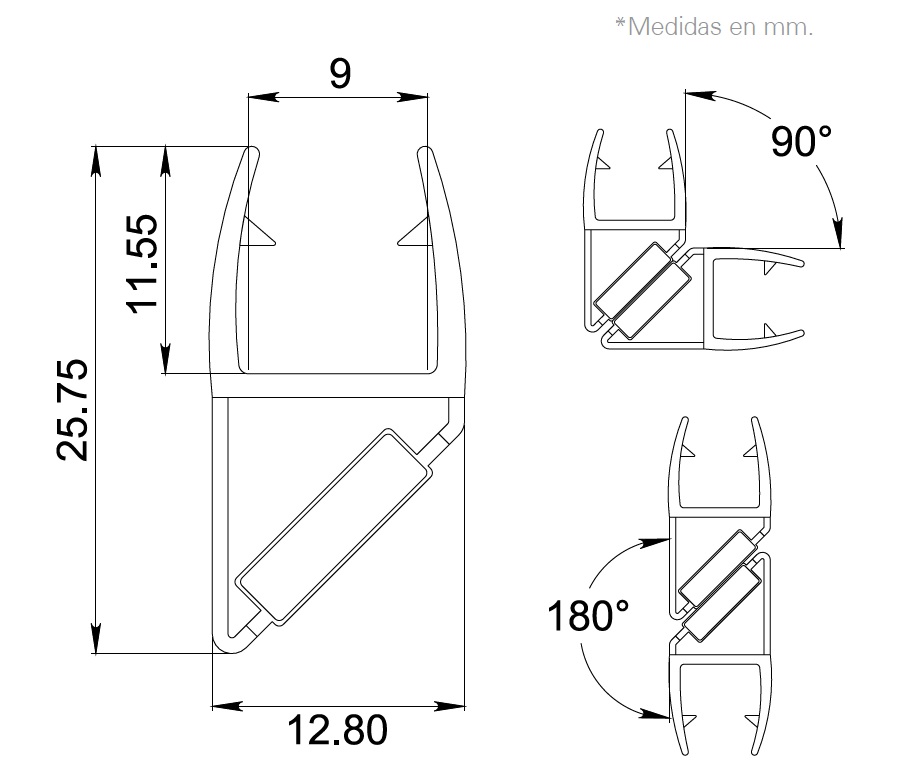 Perfil Policarbonato Para Vidrio 9mm Con Imán 180 o 90 grados