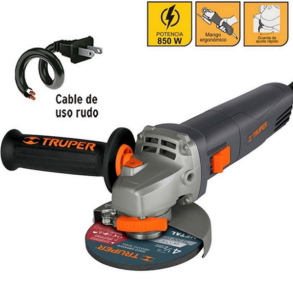 Esmeriladora Angular de 4 1/2" Calidad Industrial Uso Rudo y Continuo de 850W Truper ESMA-4580N Cortar Desbastar Cortadora Pulidora