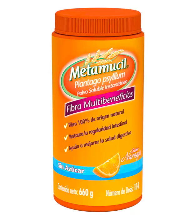 Fibra Metamucil Sin Azúcar 680 G Plantago Psyllium Naranja