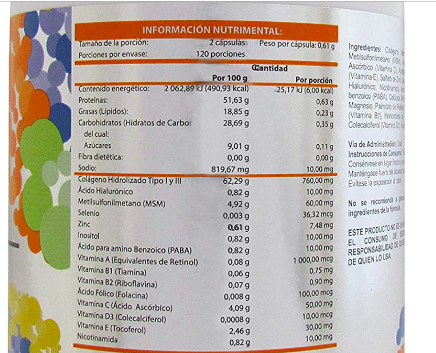 Colágeno 760 mg, 240 Cápsulas, ácido hialurónico, vitamina, minerales