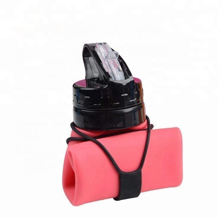 Botella de Agua 600ml Silicón Plegable GYM Deportes Ciclismo Campismo, Rojo fresa