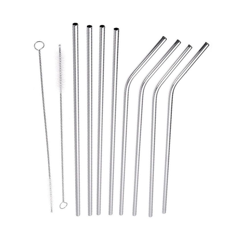 Kit de 8 popotes de metal acero inoxidable ecológicos + 2 cepillos + Bolsita de viaje para guardar negra