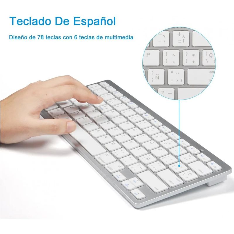 TECLADO BLUETOOTH EN ESPAÑOL, PORTATIL INALAMBRICO ANDROID IPHONE WINDOWS, PLATA
