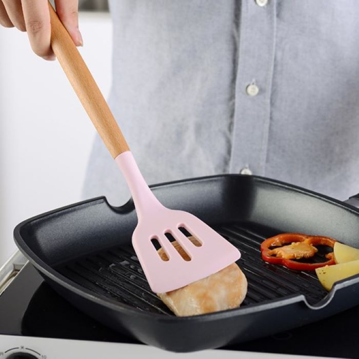 Juego de Utensilios de Cocina, espátulas miserables, batidor de globo, brocha, palas de silicón con mango de madera, Rosa