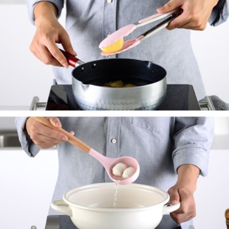 Juego de Utensilios de Cocina, espátulas miserables, batidor de globo, brocha, palas de silicón con mango de madera, Rosa