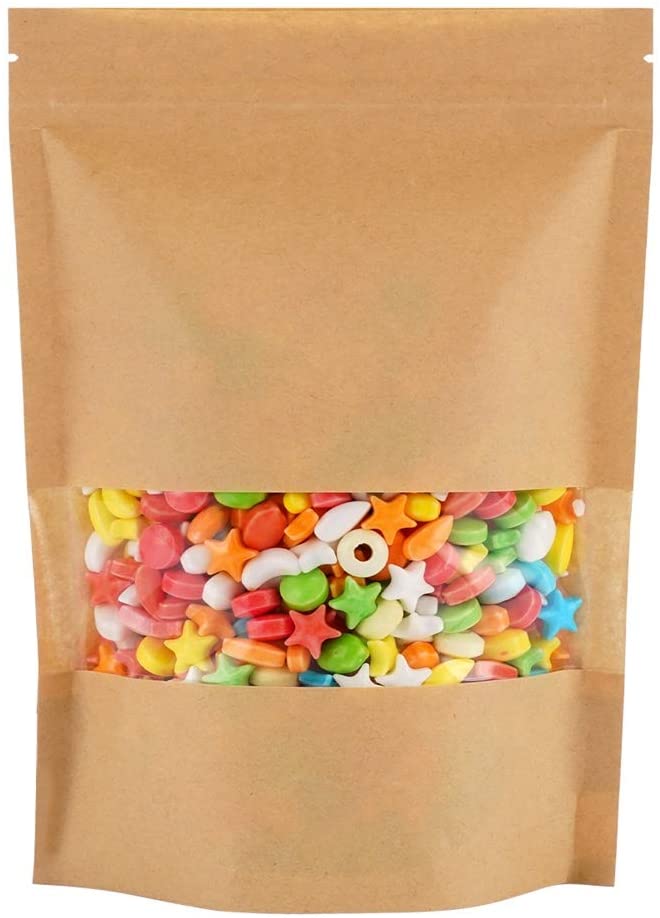 50 Bolsa Stand Up Pouch Con Cierre Kraft Ventana De 150 Grs