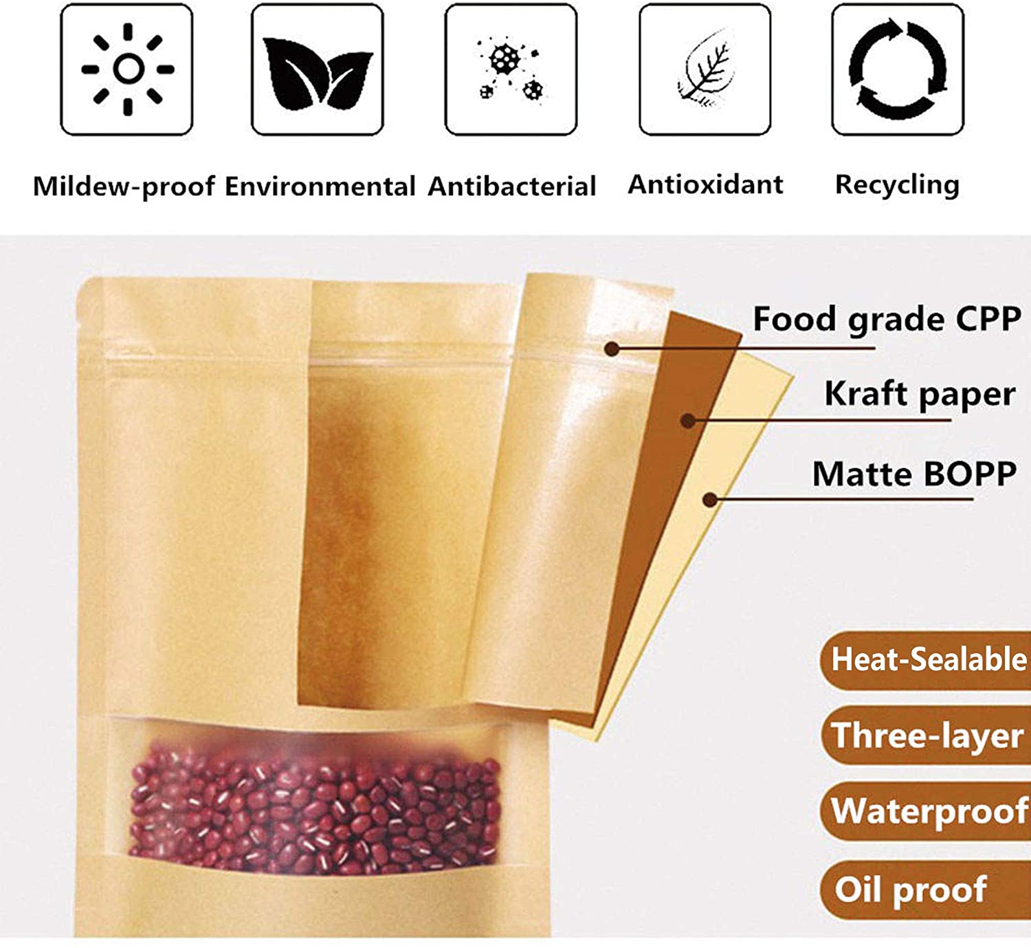 50 Bolsa Stand Up Pouch Con Cierre Kraft Ventana De 150 Grs