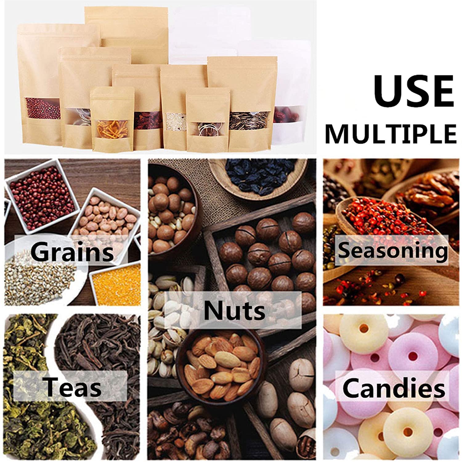 50 Bolsa Stand Up Pouch Con Cierre Kraft Ventana De 150 Grs