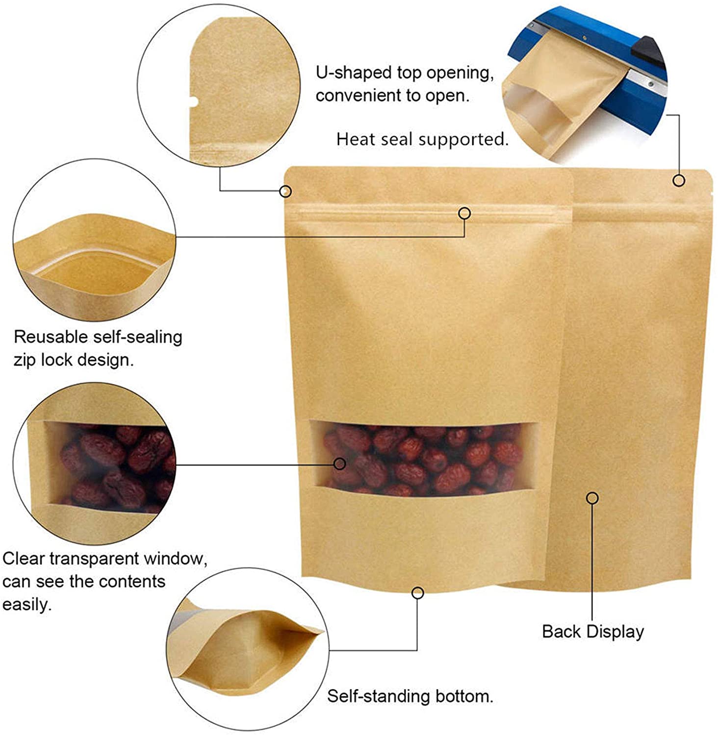 50 Bolsa Stand Up Pouch Con Cierre Kraft Ventana De 250 Grs