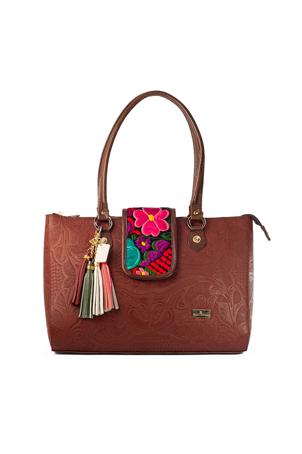 Bolso AngeLozano de Piel grabada tipo Cincelado color Café Modelo Flora