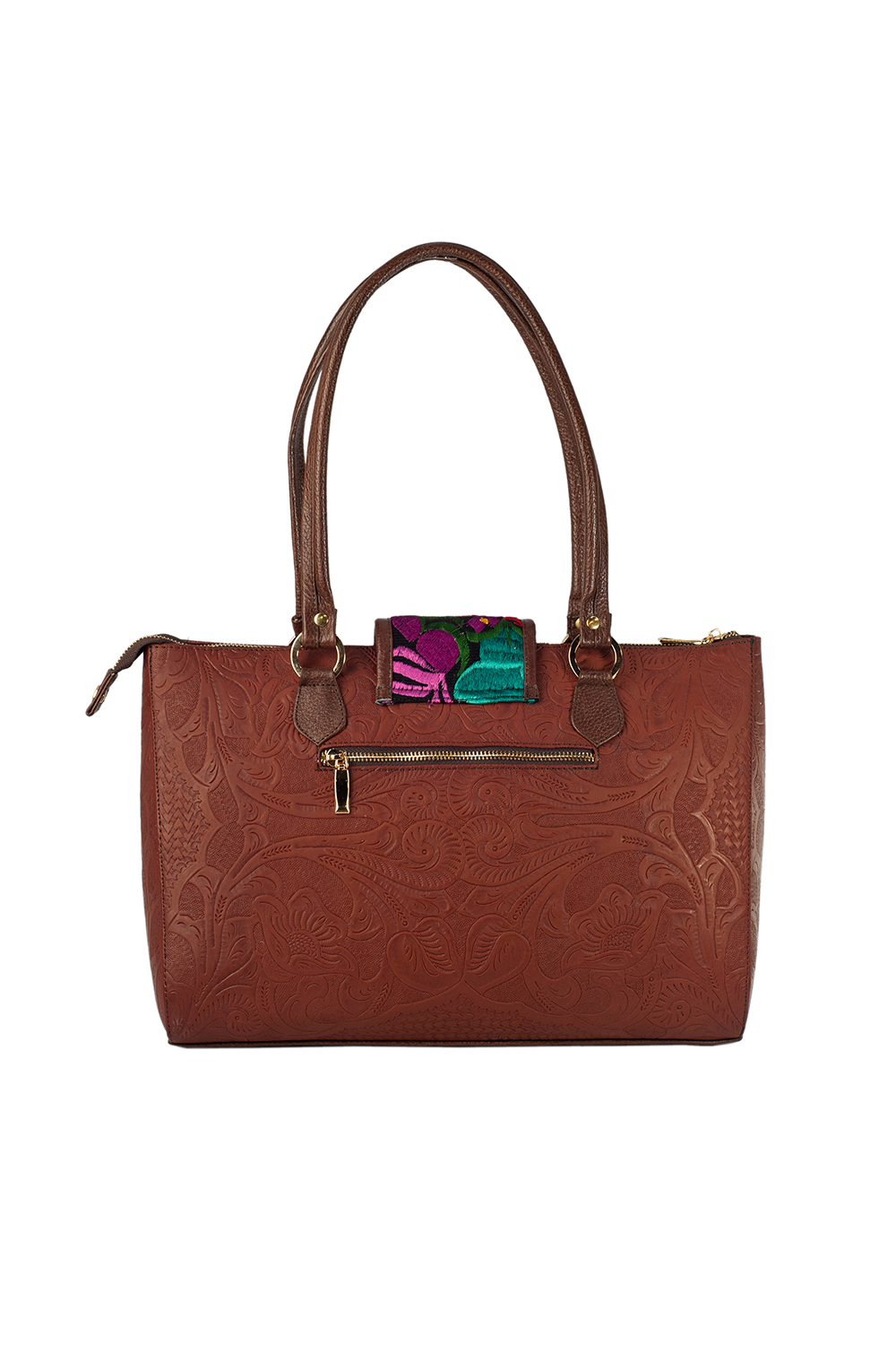 Bolso AngeLozano de Piel grabada tipo Cincelado color Café Modelo Flora