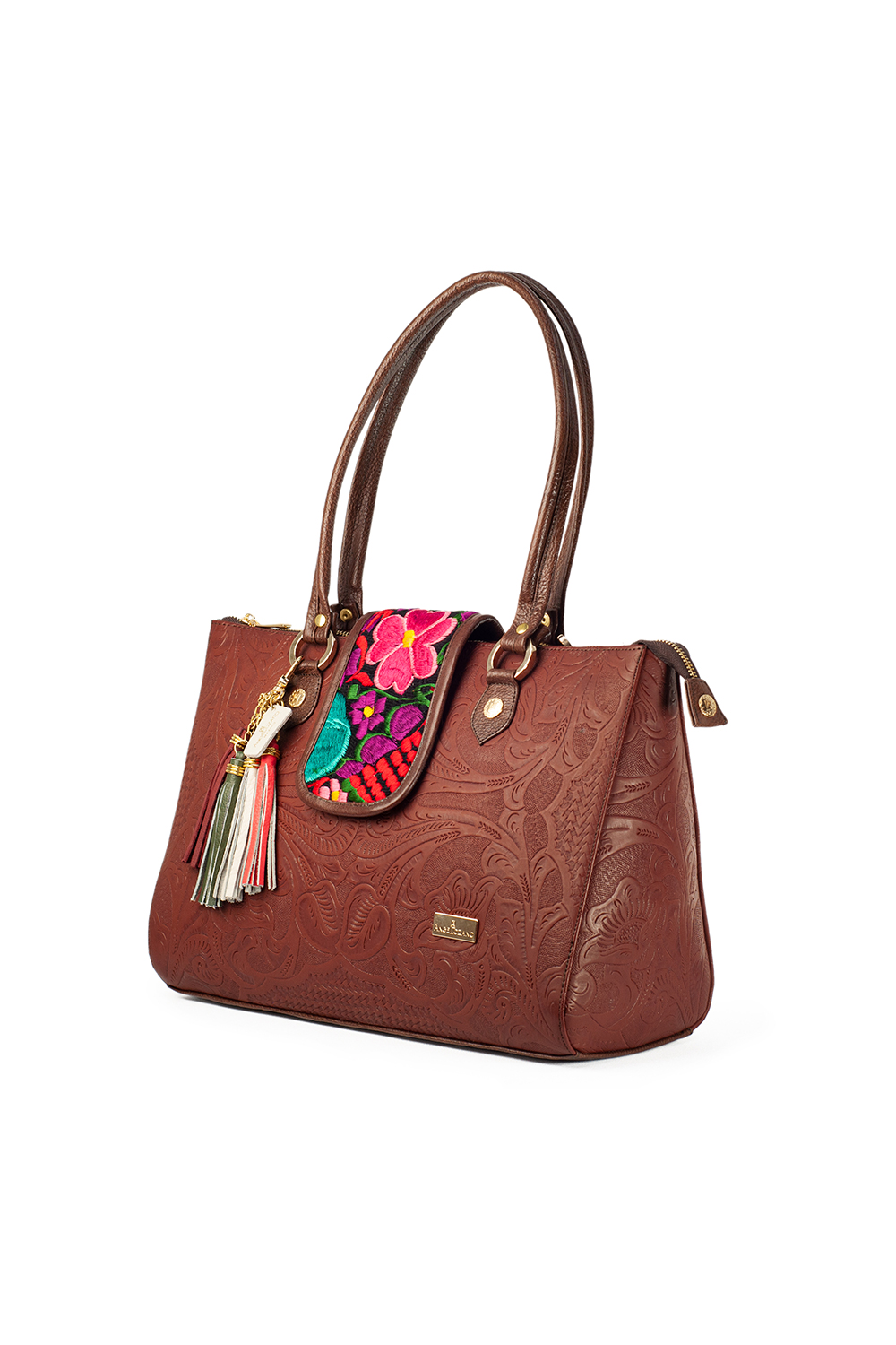 Bolso AngeLozano de Piel grabada tipo Cincelado color Café Modelo Flora