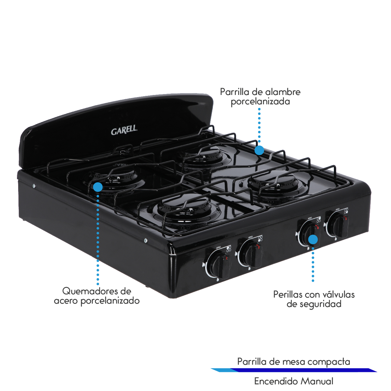 Estufa Parrilla de Gas de mesa 4 quemadores GARELL