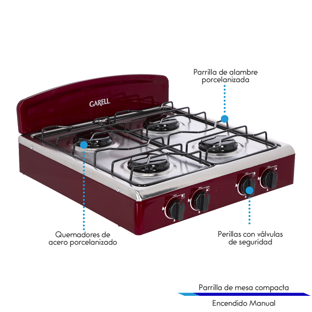 GARELL Parrilla de Gas de mesa 4 quemadores con acero inoxidable