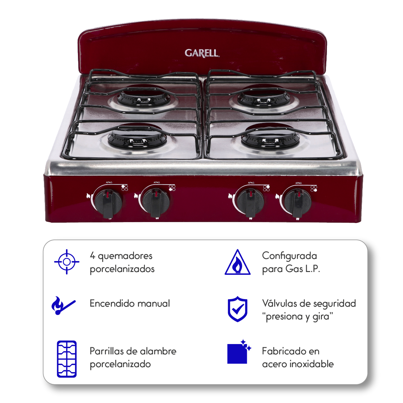 GARELL Parrilla de Gas de mesa 4 quemadores con acero inoxidable