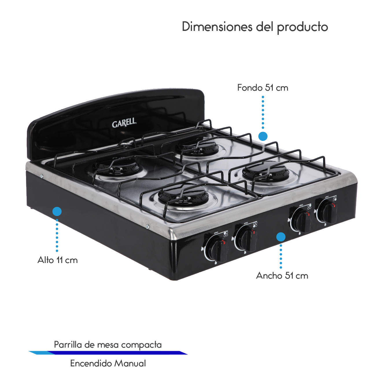 Estufa Parrilla de Gas de mesa 4 quemadores con acero inoxidable GARELL