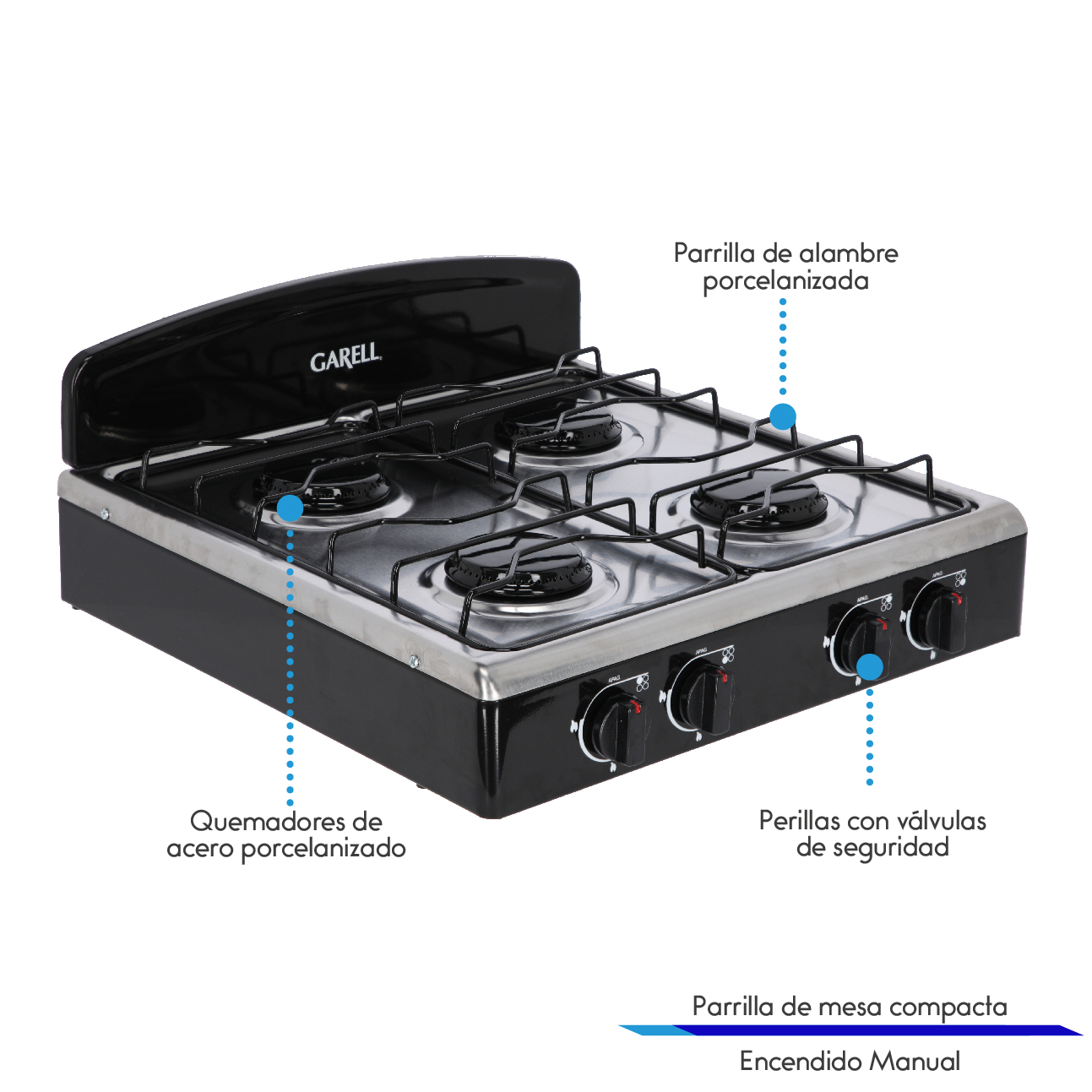 Estufa Parrilla de Gas de mesa 4 quemadores con acero inoxidable GARELL
