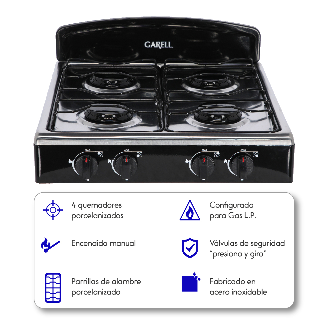 Estufa Parrilla de Gas de mesa 4 quemadores con acero inoxidable GARELL