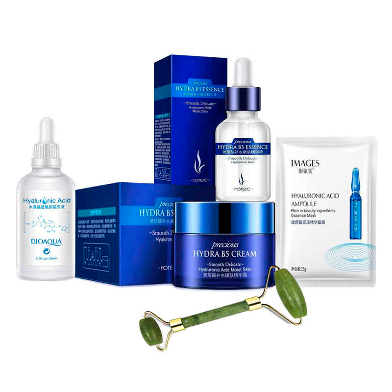 Crema De Ácido Hialurónico + Acido Hialuronico Rorec + Acido Hialuronico Bioaqua + Mascarilla De Ampolla De Ácido Hialurónico + Rodillo Jade-KIT