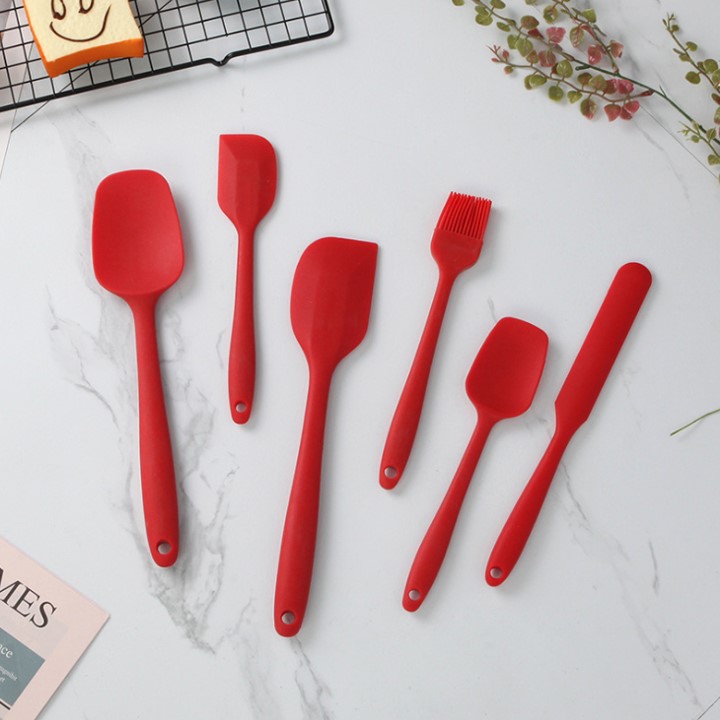 Juego 6 Utensilios de Cocina, espátulas miserables, cucharas y brocha de silicón, Rojo