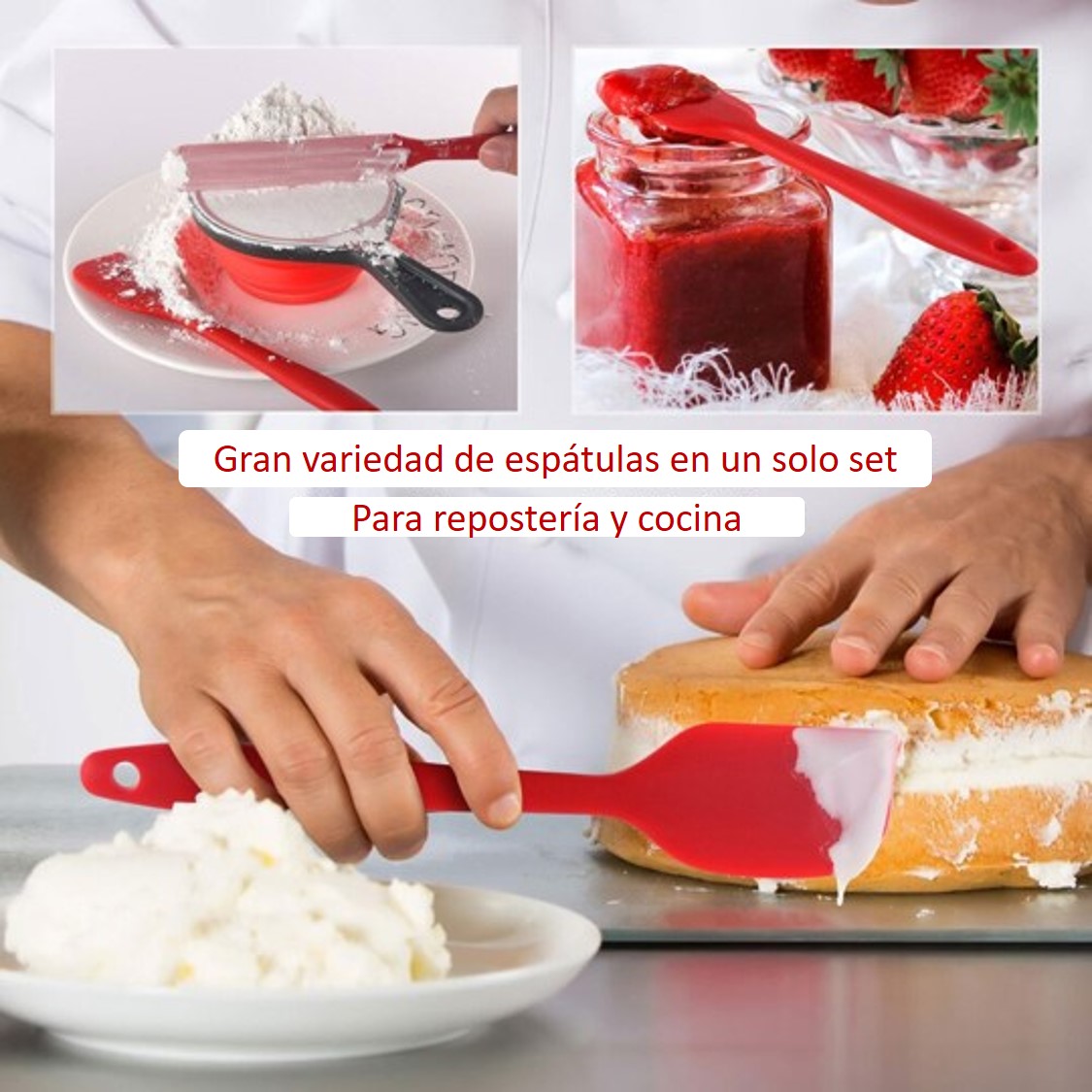 Juego 6 Utensilios de Cocina, espátulas miserables, cucharas y brocha de silicón, Rojo