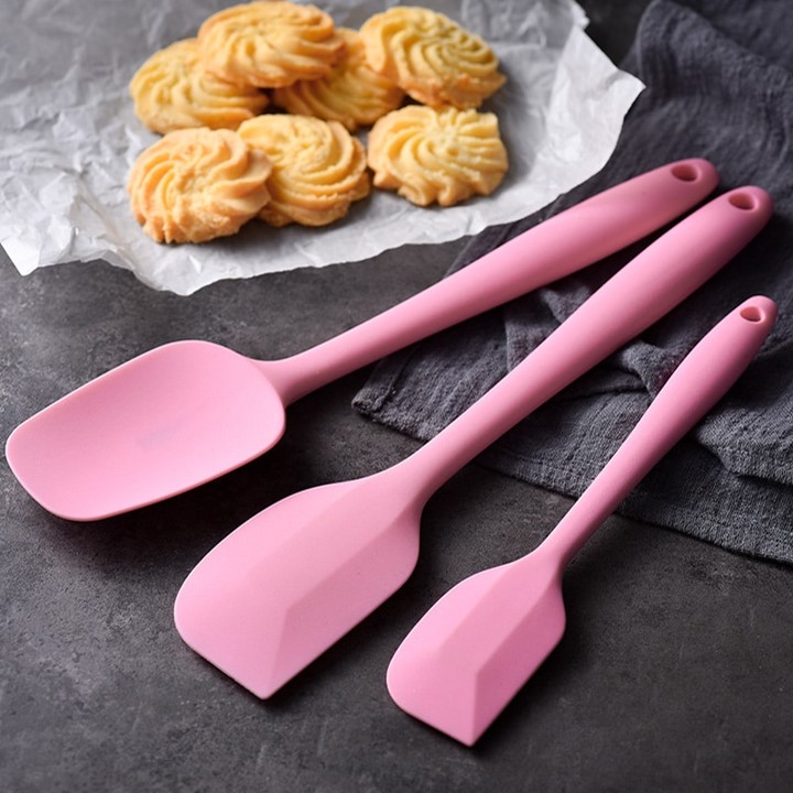 Juego 6 Utensilios de Cocina, espátulas miserables, cucharas y brocha de silicón, Rosa