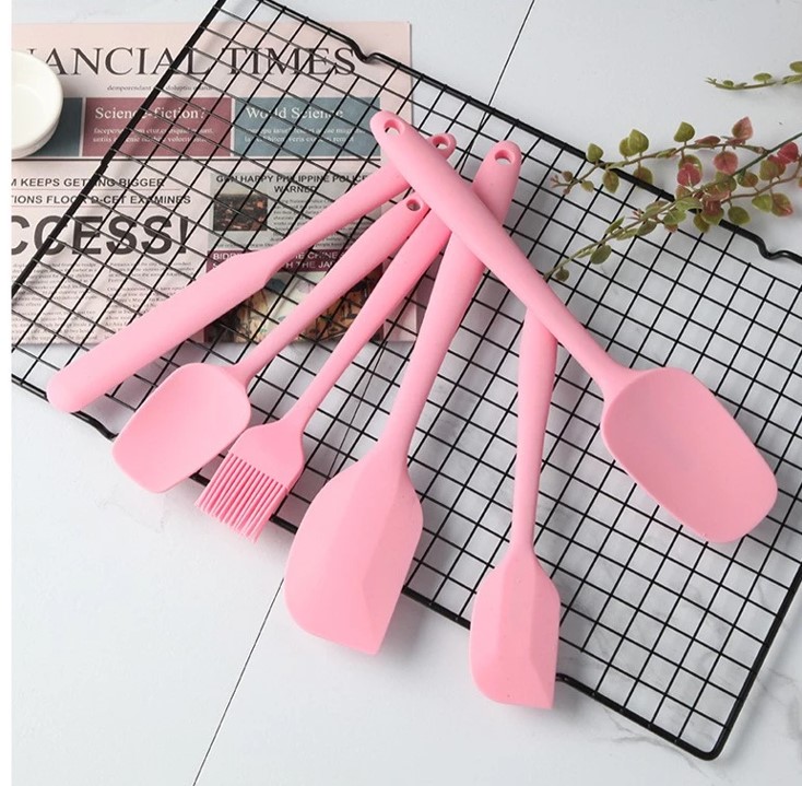 Juego 6 Utensilios de Cocina, espátulas miserables, cucharas y brocha de silicón, Rosa