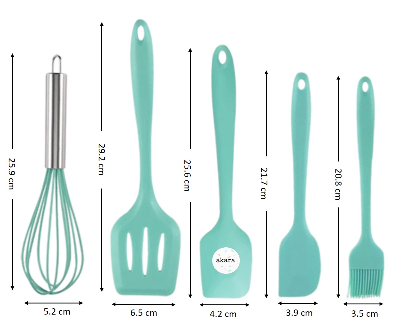 Juego 5 Utensilios de Silicón para Repostería y Cocina, espátulas tipo miserable, batidor de globo y brocha, Menta