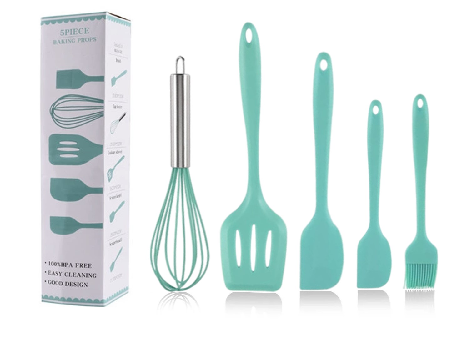 Juego 5 Utensilios de Silicón para Repostería y Cocina, espátulas tipo miserable, batidor de globo y brocha, Menta