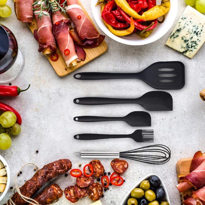 Juego 5 Utensilios de Silicón para Repostería y Cocina, espátulas tipo miserable, batidor de globo y brocha, Negro