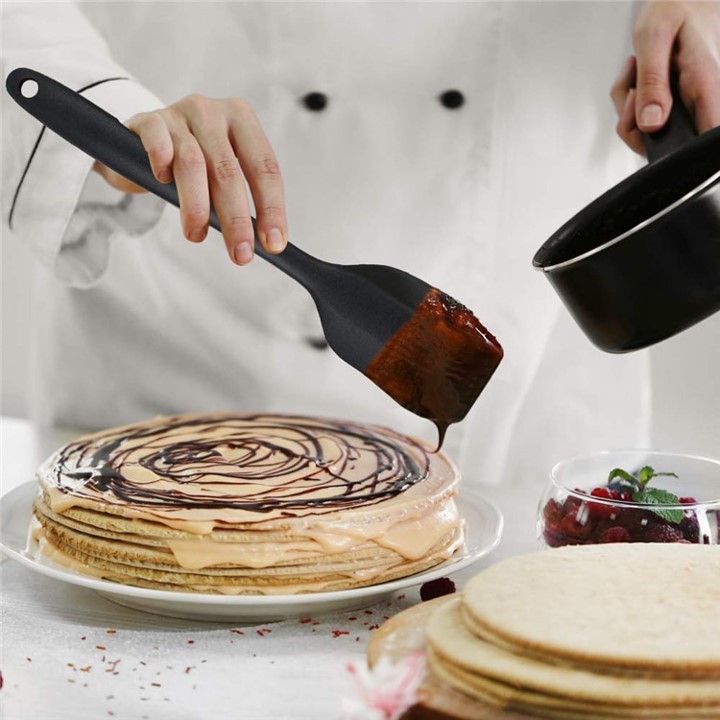 Juego 5 Utensilios de Silicón para Repostería y Cocina, espátulas tipo miserable, batidor de globo y brocha, Negro